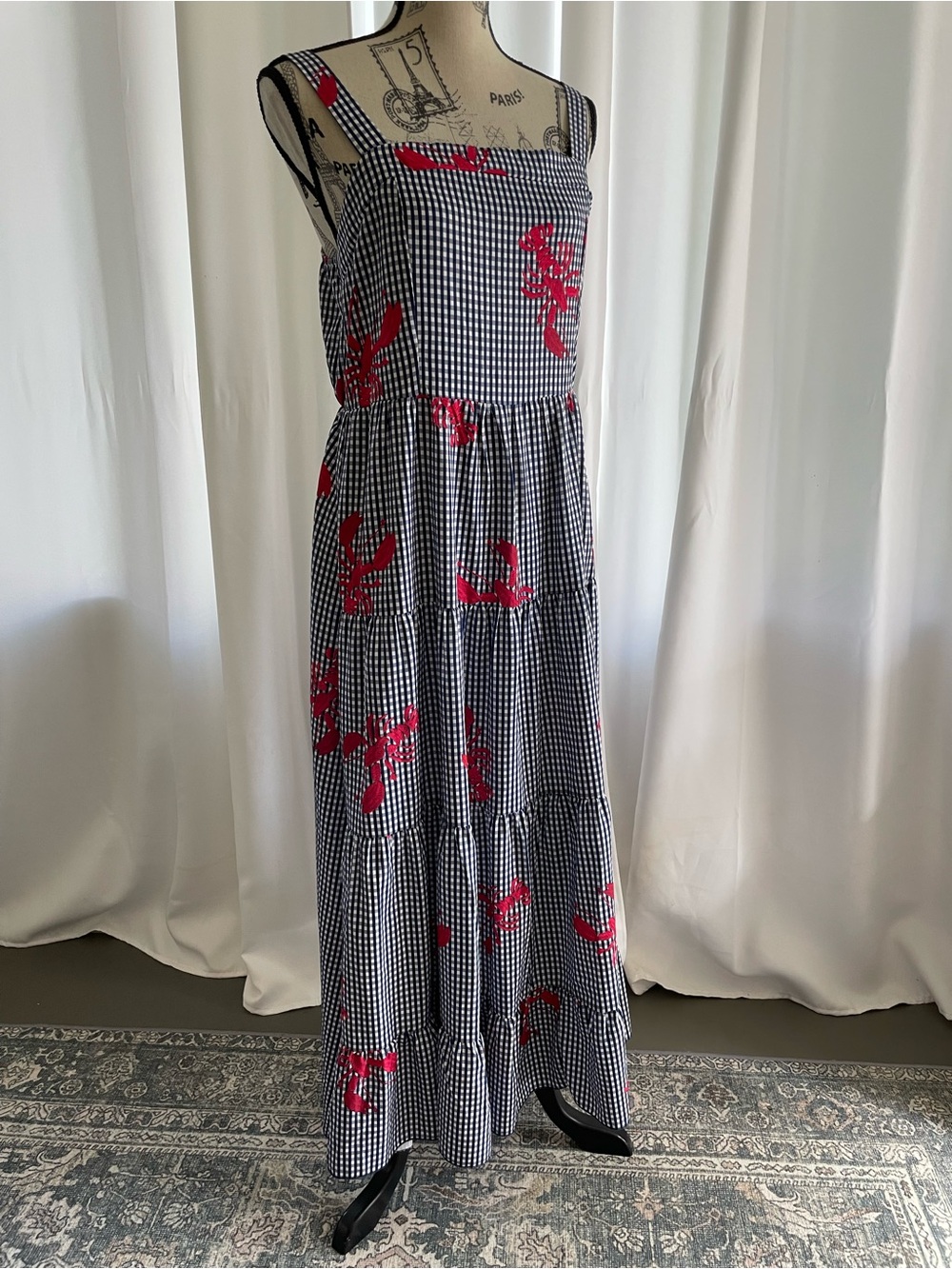 Navy-and-White Gingham Maxi Dress with Red Lobster Print